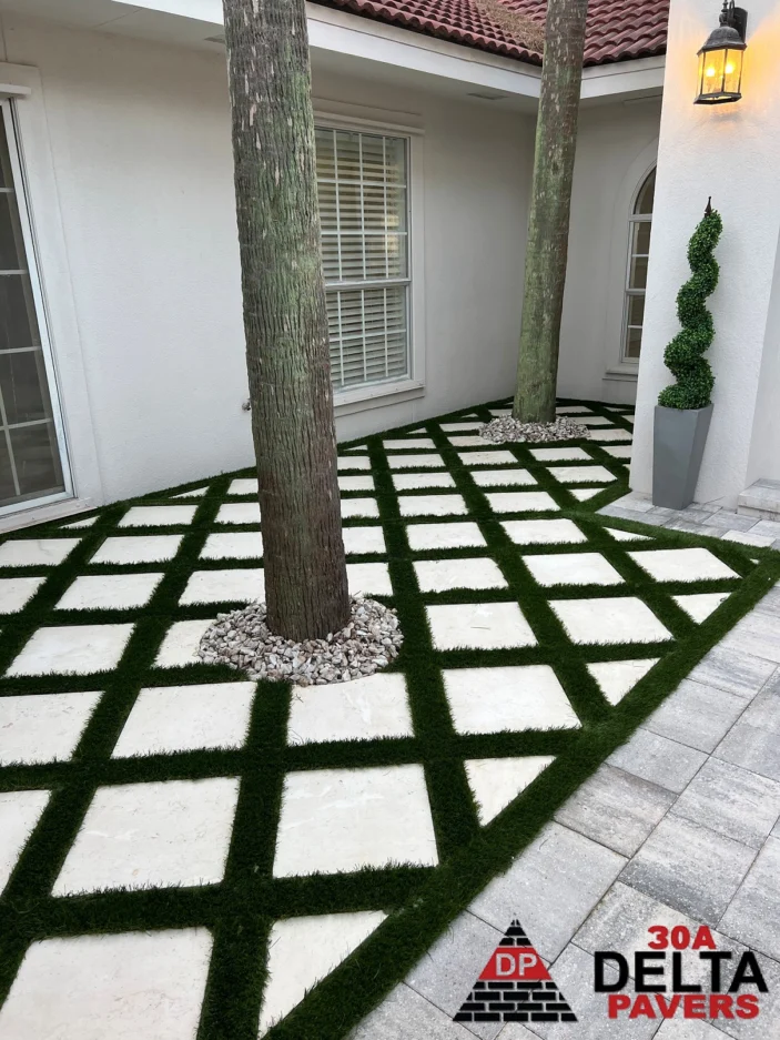 Side Courtyard Diamond Pattern Pavers Artificial Turf Between Trees